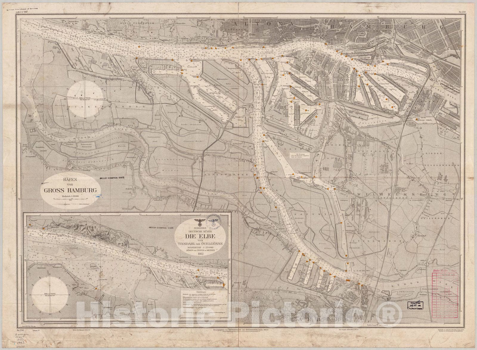 Map : Hamburg, Germany 1943, HA?fen von Gross Hamburg , Antique Vintage Reproduction