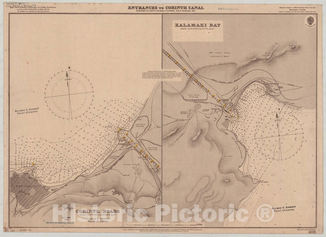 Map : Corinth Canal, Greece 1894, Entrances to Corinth Canal : Corinth Roads [and] Kalamaki Bay , Antique Vintage Reproduction