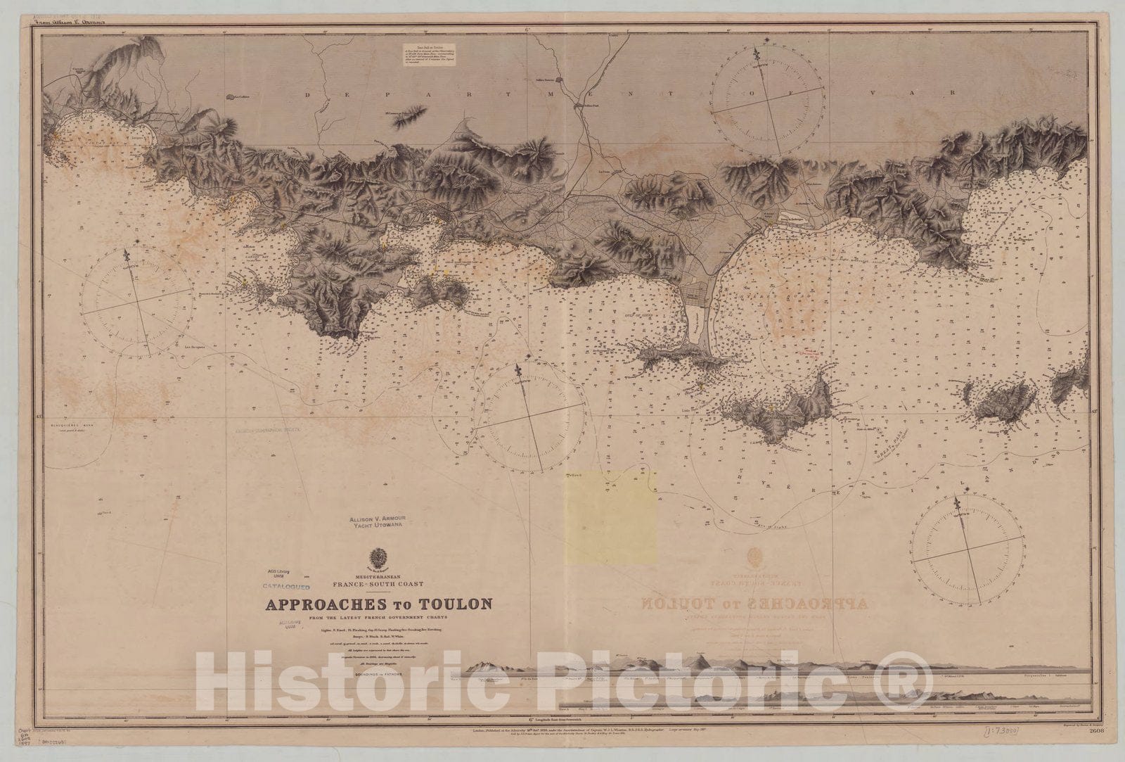 Map : France, south coast 1897, Mediterranean, France, south coast, approaches to Toulon , Antique Vintage Reproduction