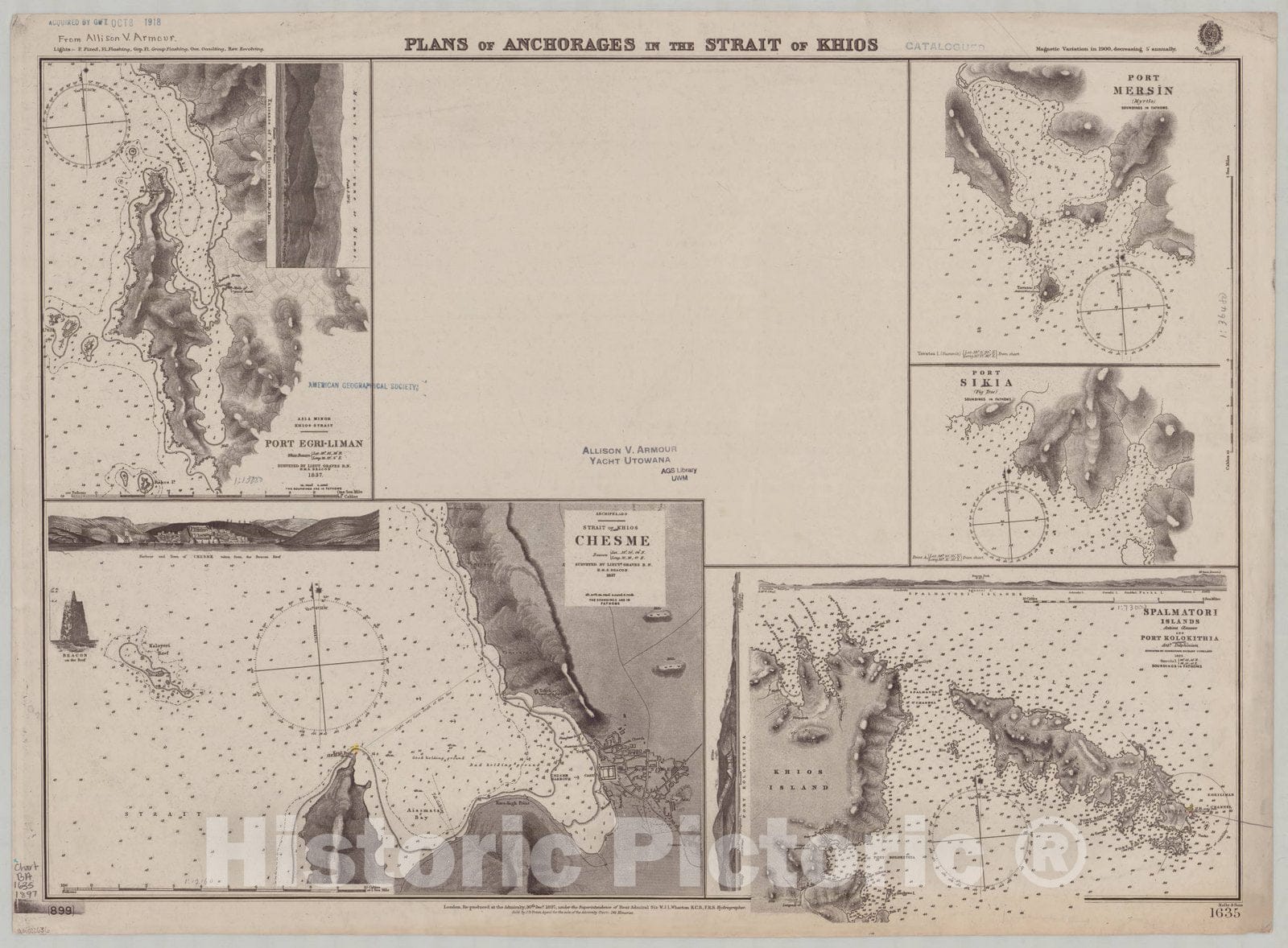 Map : Greece anchorages 1897, Plans of anchorages in the Strait of Khios , Antique Vintage Reproduction