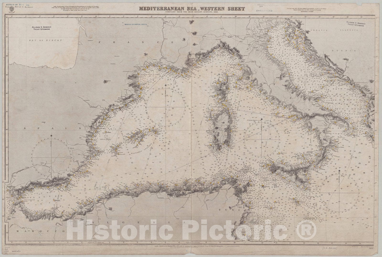 Map : Mediterranean Sea, west 1909, Mediterranean Sea, western sheet , Antique Vintage Reproduction