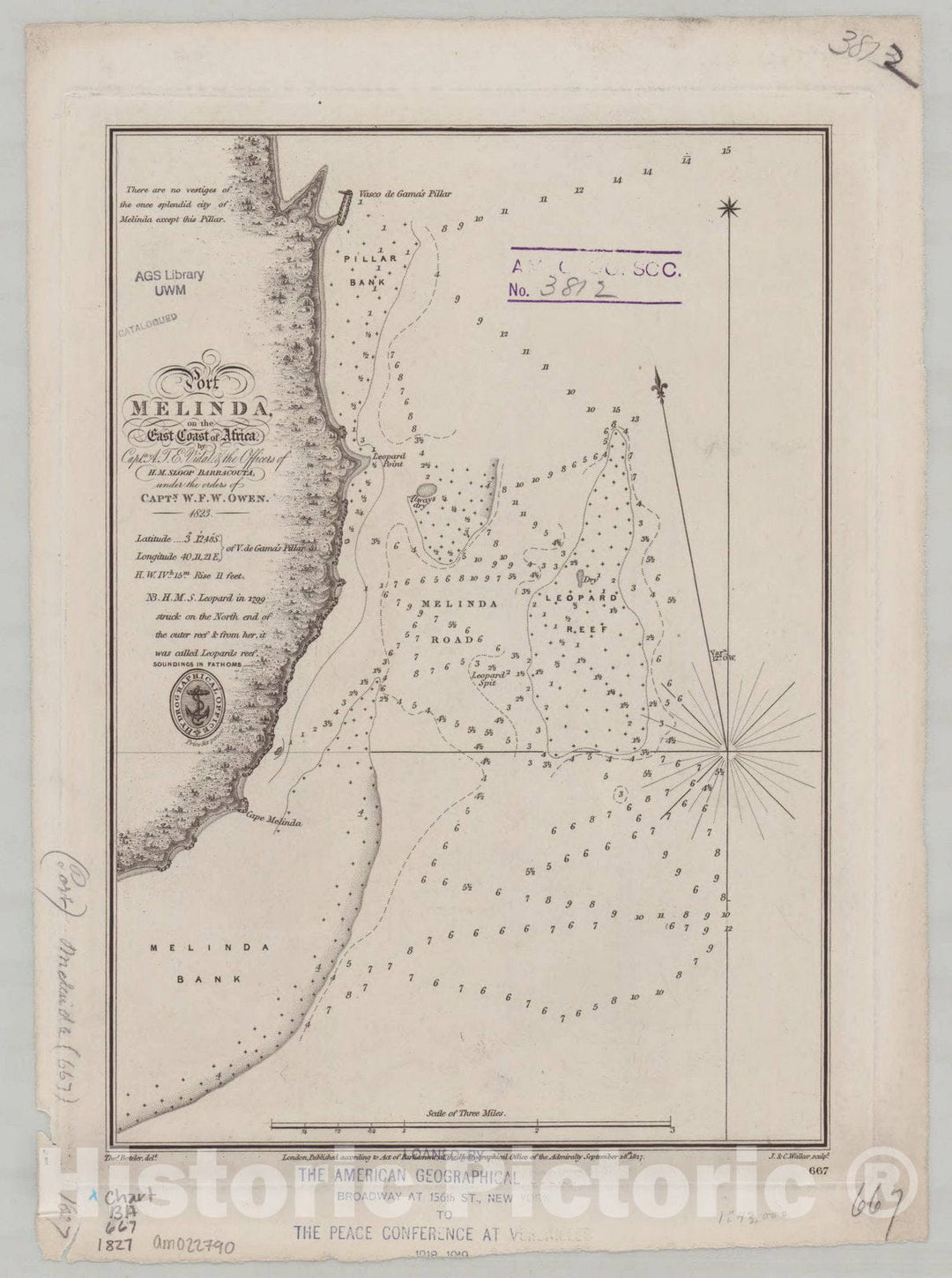 Map : Africa, east coast 1827, Port Melinda on the east coast of Africa , Antique Vintage Reproduction