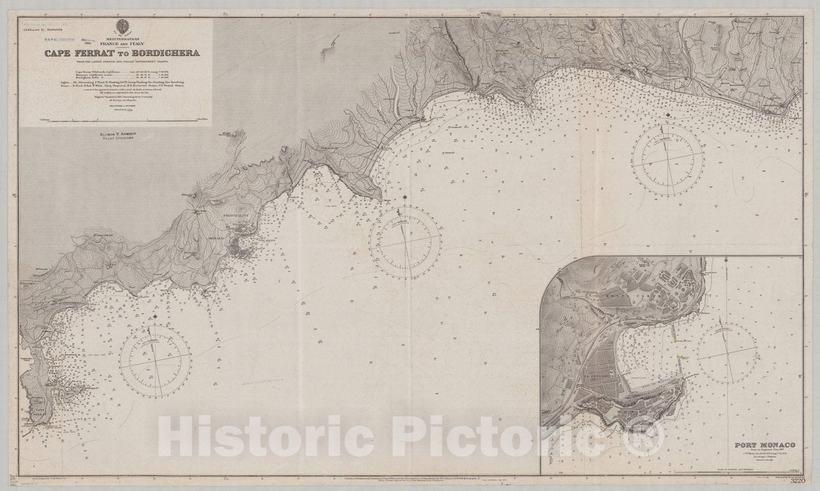 Map : Italy and France coasts 1910, Mediterranean, France and Italy, Cape Ferrat to Bordighera , Antique Vintage Reproduction