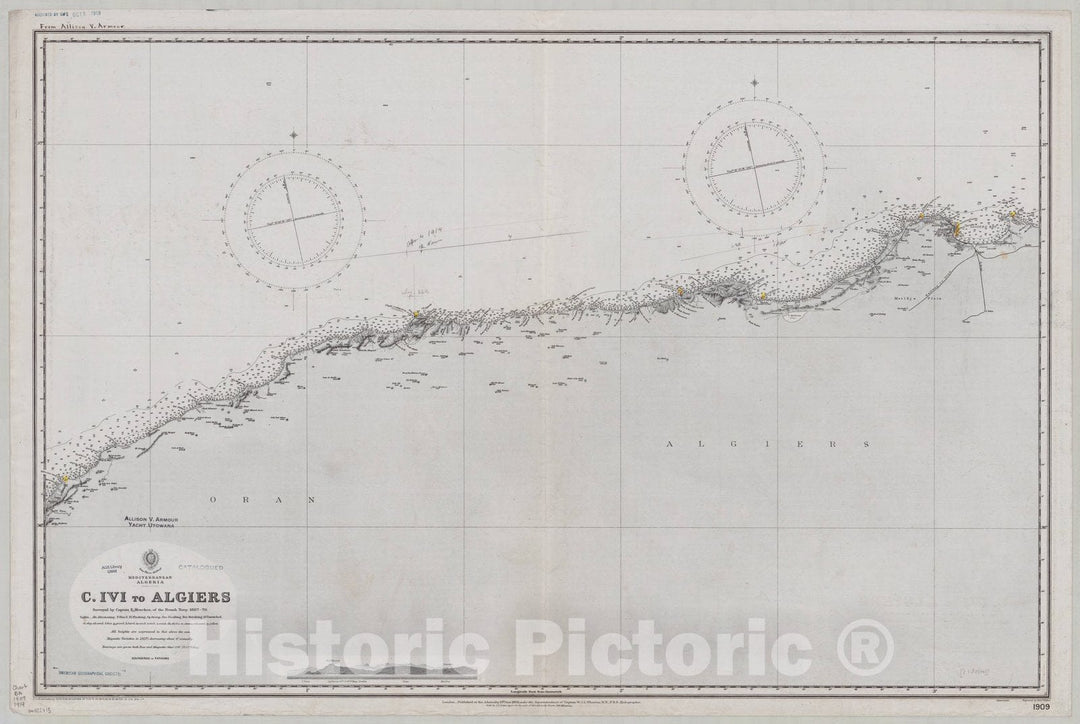 Map : Algeria coast 1914, Mediterranean Algeria, C. Ivi to Algiers , Antique Vintage Reproduction