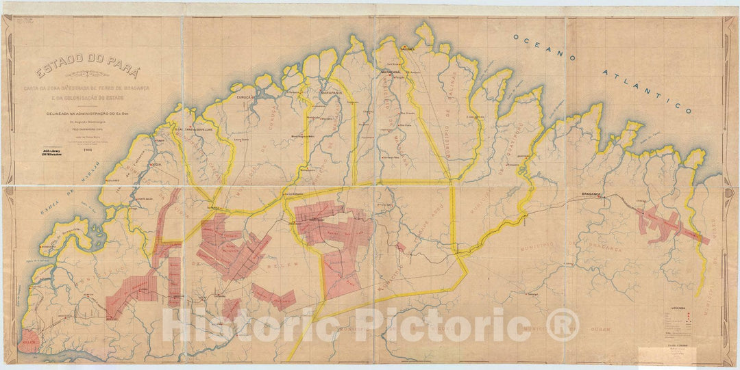 Map : Para, Brazil 1908, Estado do Para : carta da zona da estrada de ferro de Braganca e da colonisac do Estado , Antique Vintage Reproduction