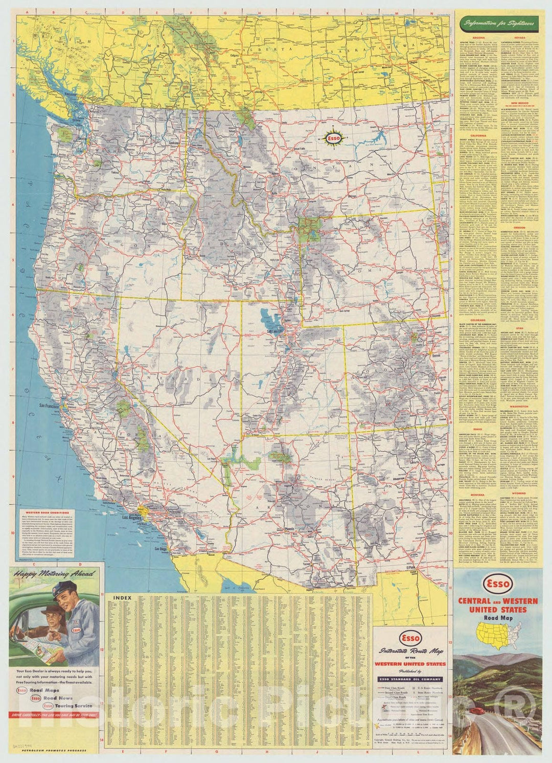 Map : United States 1949 2, Central and western United States and adjacent Canada interstate map , Antique Vintage Reproduction