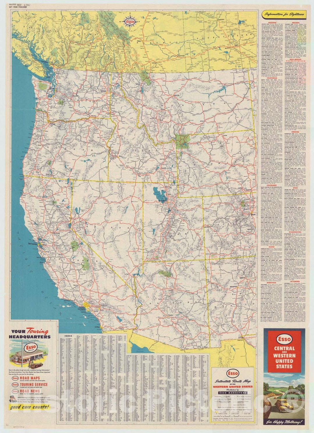 Map : United States 1947 2, Central and western United States and adjacent Canada interstate map , Antique Vintage Reproduction