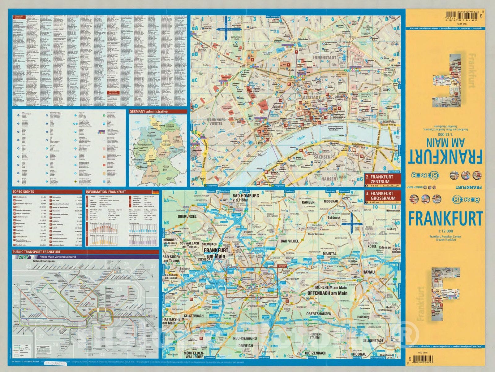 Map : Frankfurt, Germany 2012 2, Borch map Frankfurt 1:12 000 : Frankfurt, Frankfurt centre, Greater Frankfurt, Antique Vintage Reproduction