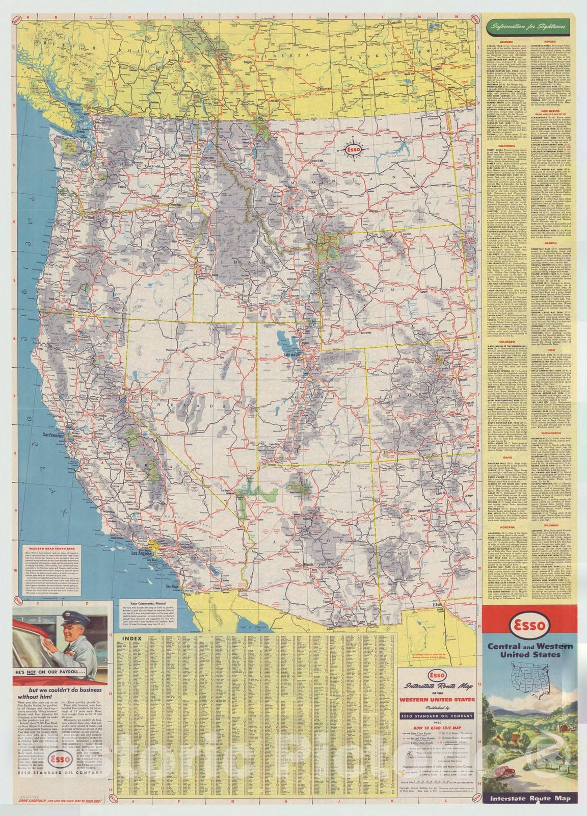 Map : United States 1950 7, Central and western United States and adjacent Canada interstate map , Antique Vintage Reproduction