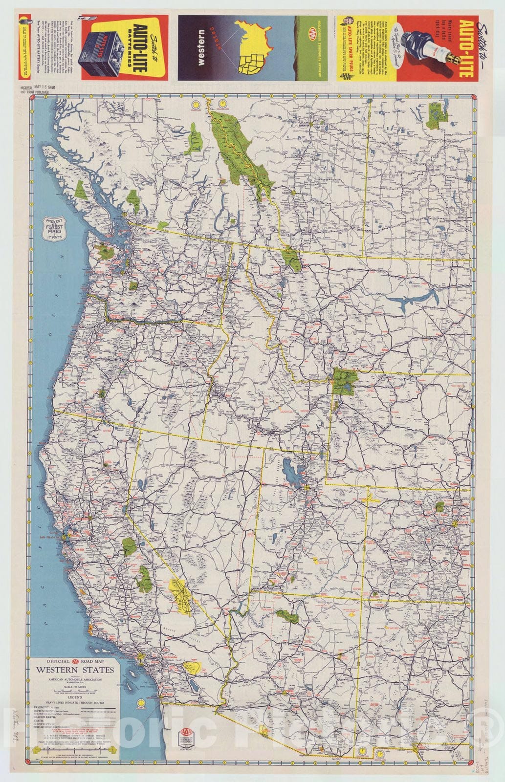 Map : United States 1947, Official road map western states , Antique Vintage Reproduction