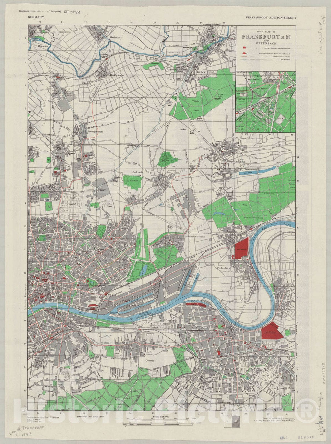 Map : Frankfurt am Main, Germany 1944, Town plan of Frankfurt a. M. and Offenbach , Antique Vintage Reproduction