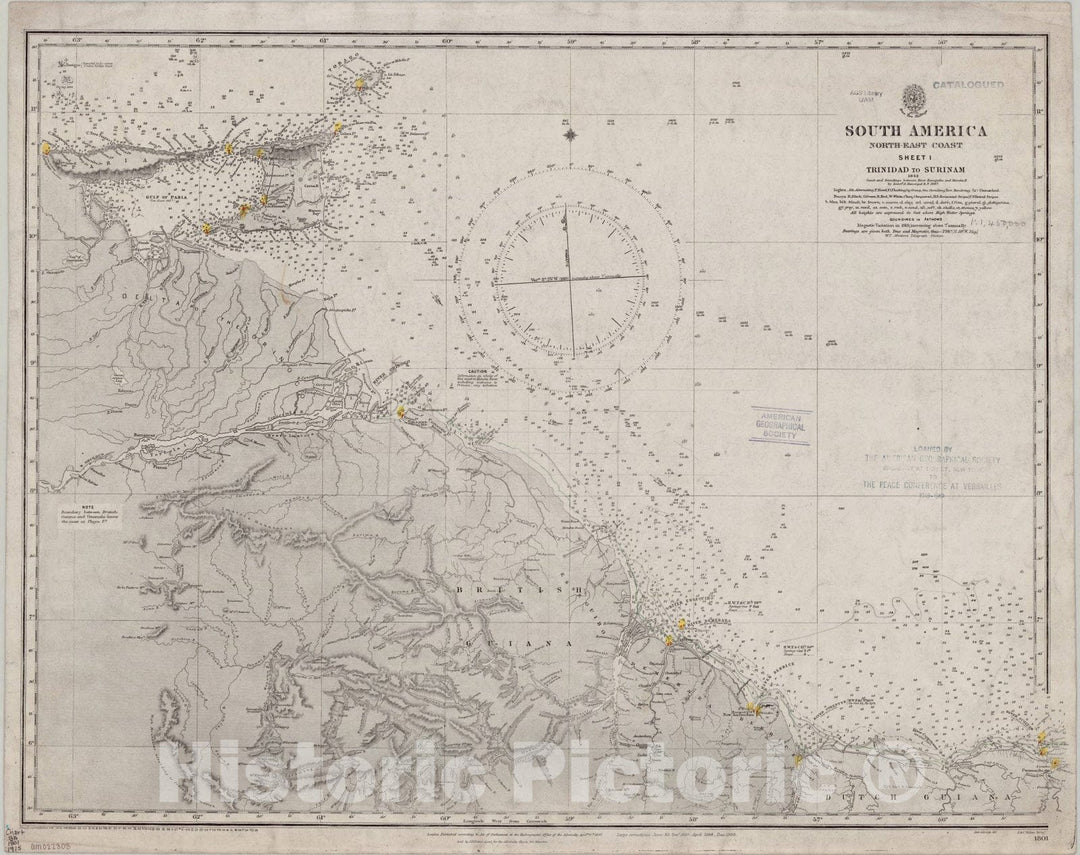 Map : Trinidad 1915, South America, north-east coast, sheet 1, Trinidad to Surinam , Antique Vintage Reproduction