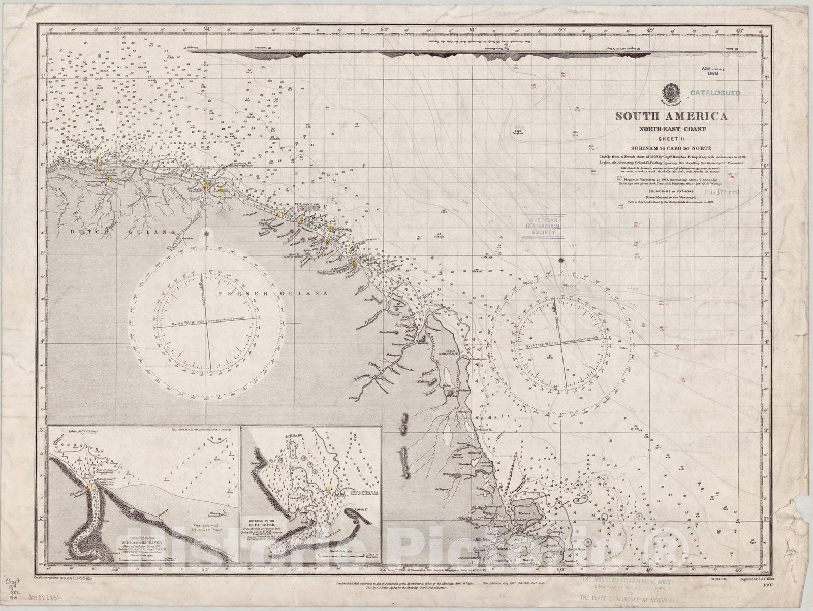 Map : South America, north east coast 1915, South America, north east coast, sheet II, Surinam to Caro do Norte , Antique Vintage Reproduction