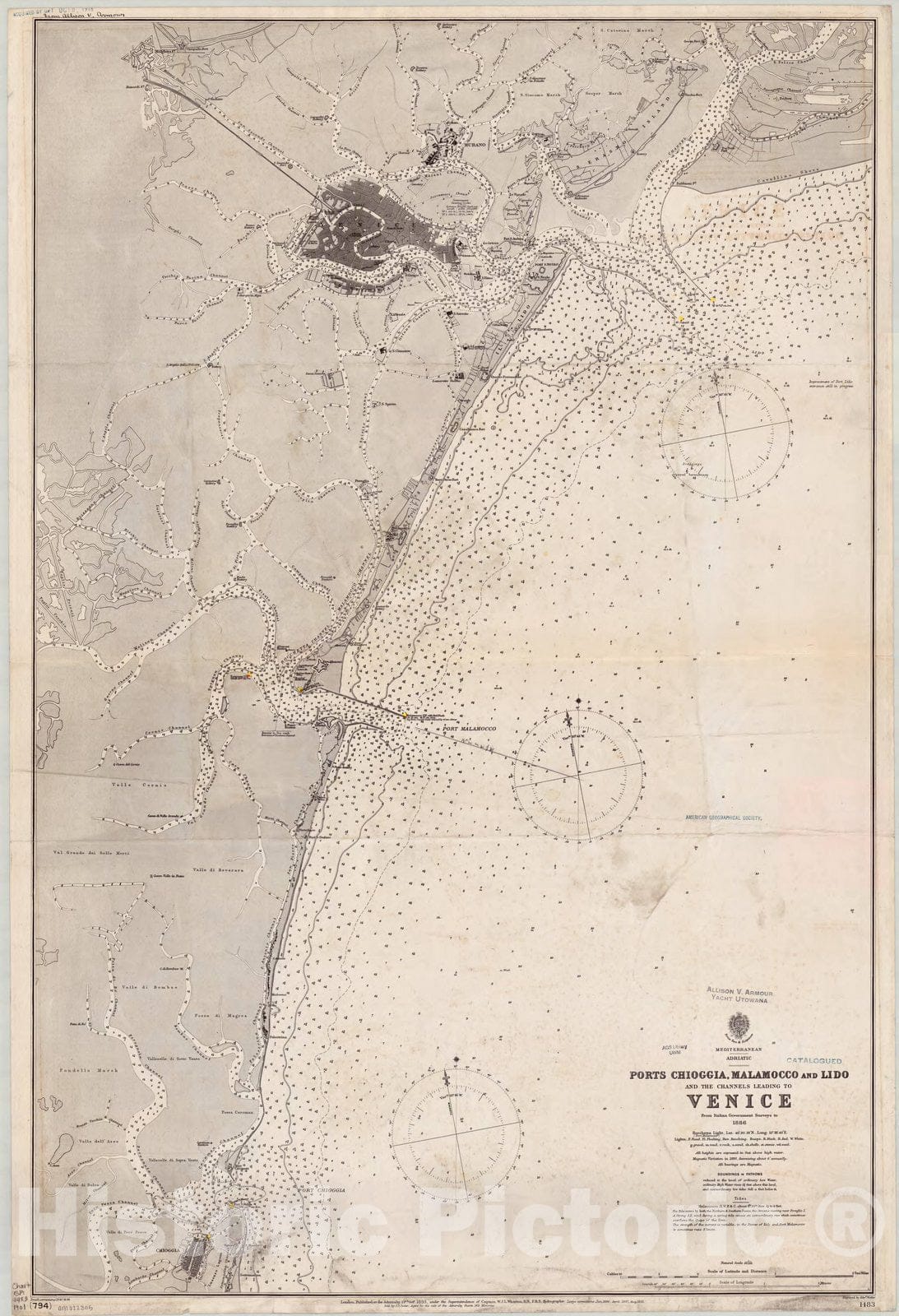 Map : Italy coast 1901, Mediterranean, Adriatic, Ports Chioggia, Malamocco and Lido, and the channels leading to Venice , Antique Vintage Reproduction