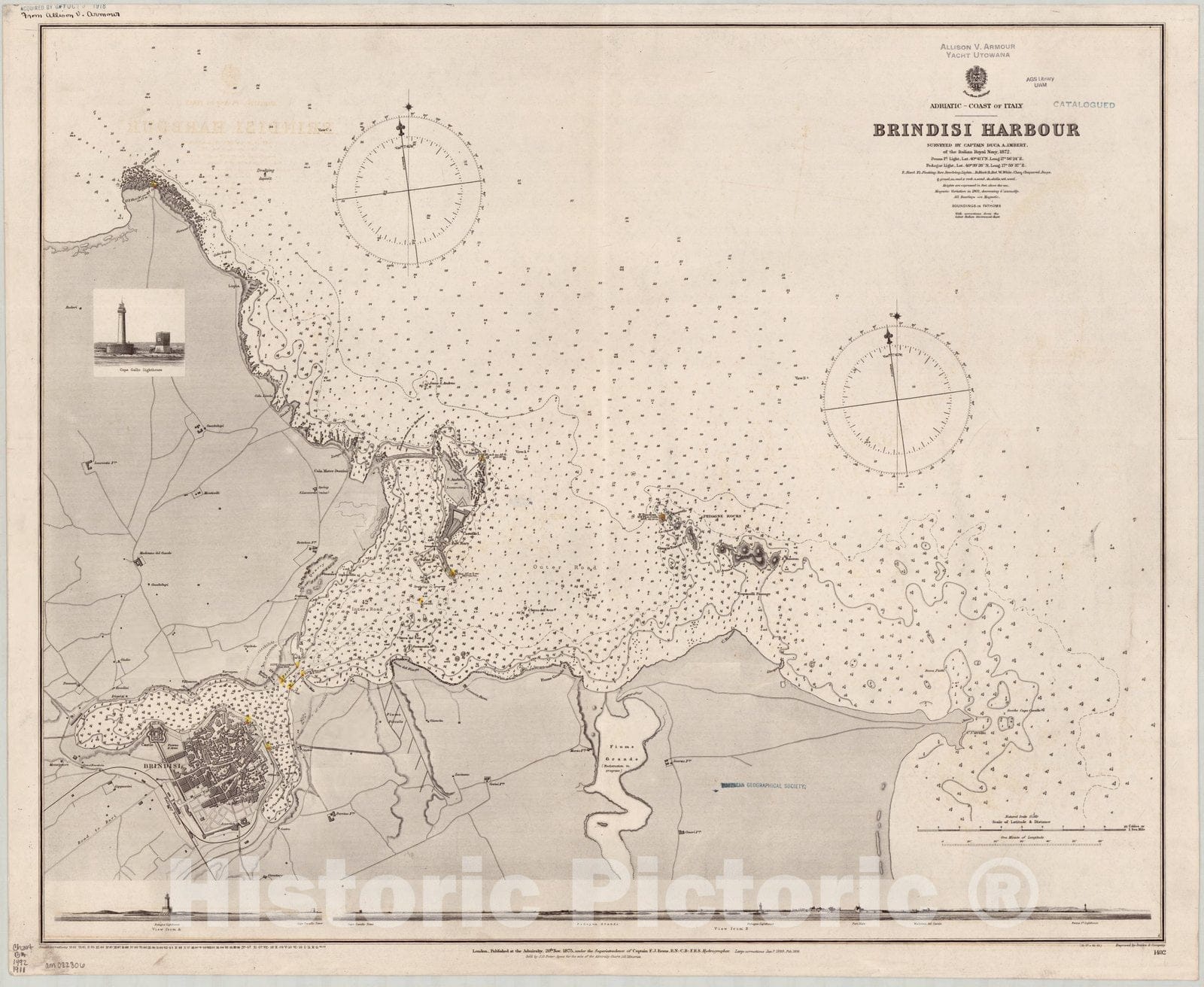 Map : Brindisi, Italy 1911, Adriatic, coast of Italy, Brindisi Harbour , Antique Vintage Reproduction