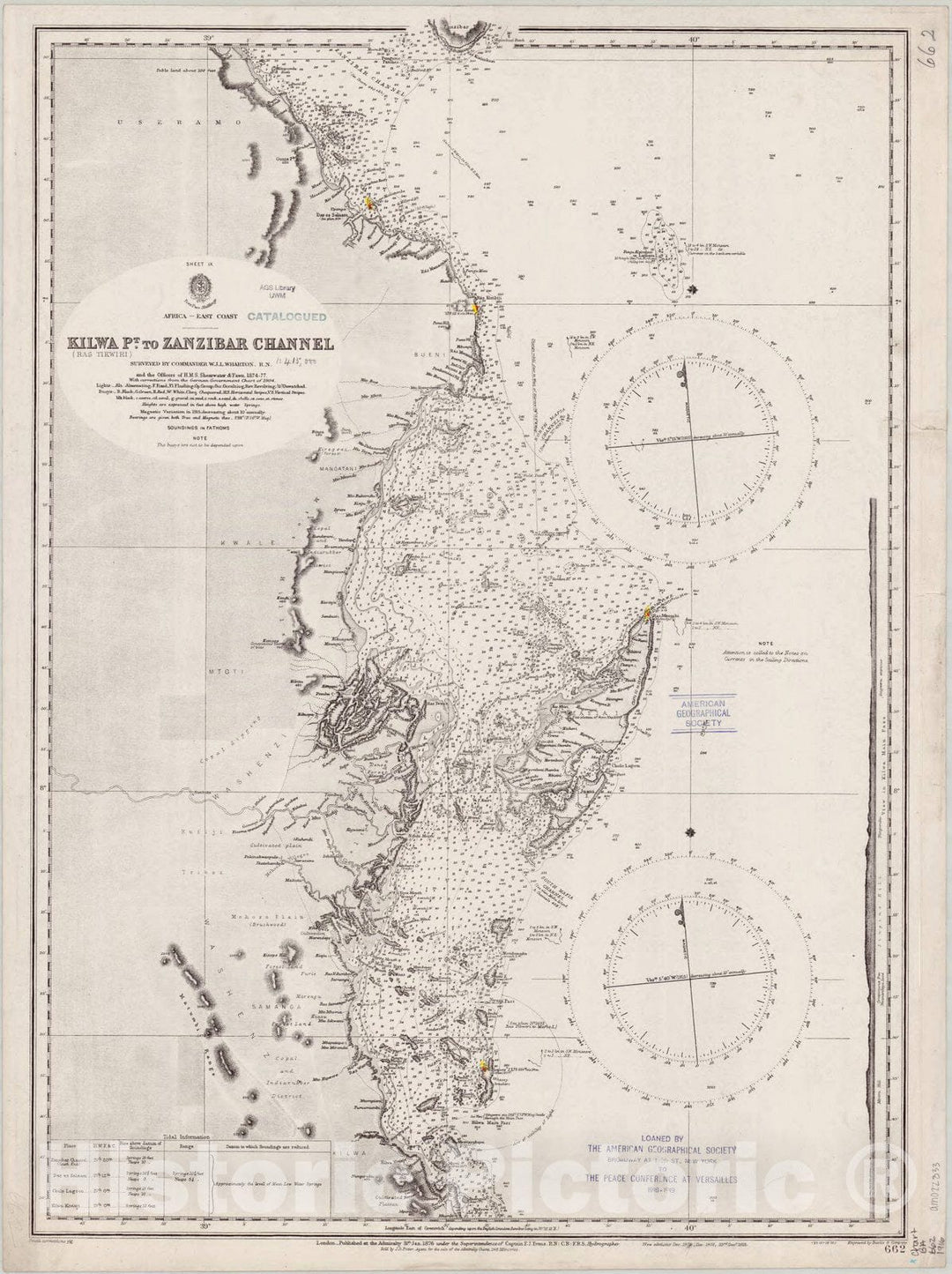 Map : Africa, east coast 1916, Africa, east coast, Kilwa (Ras Tikwiri) Pt. to Zanzibar Channel , Antique Vintage Reproduction