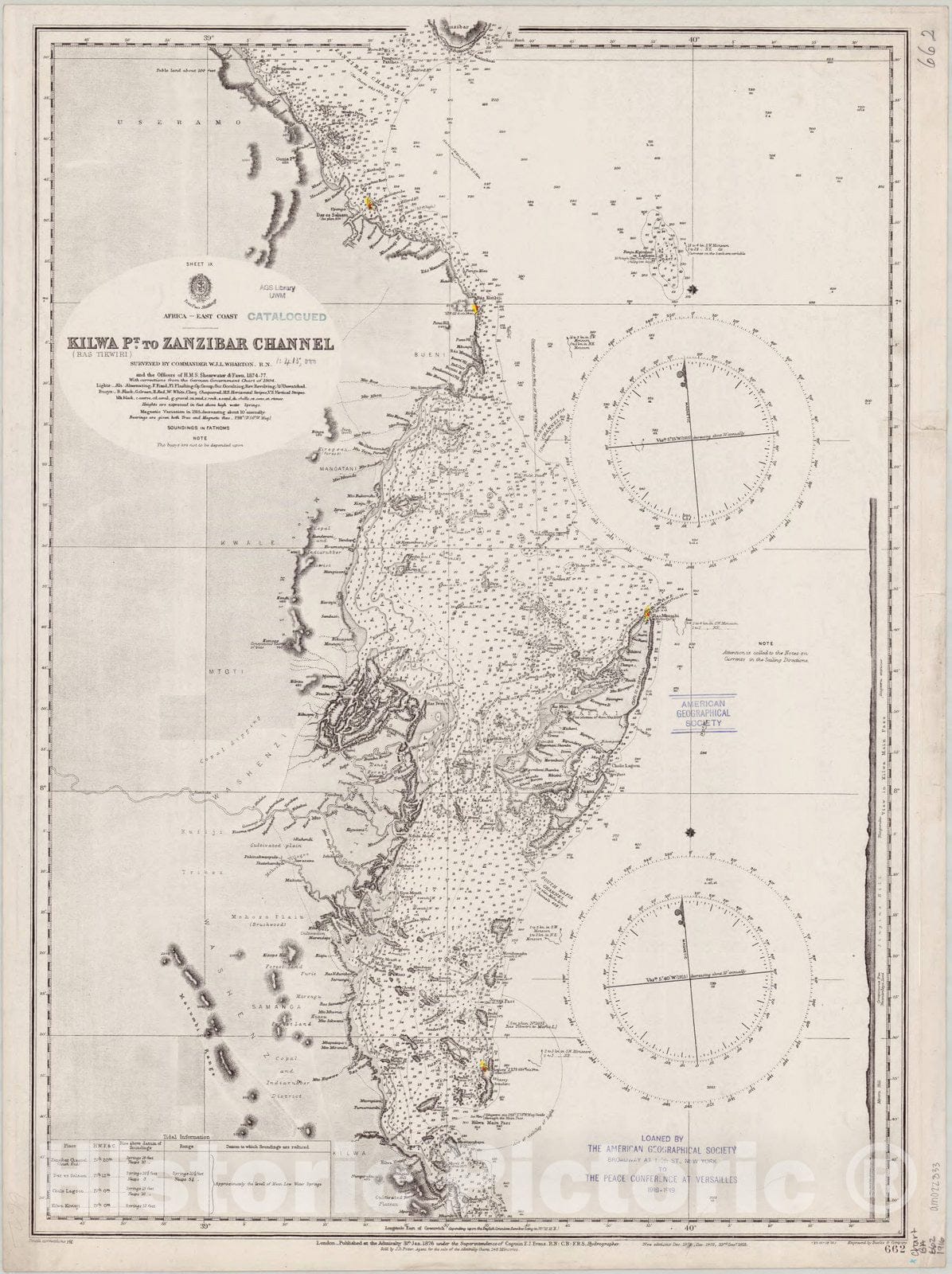 Map : Africa, east coast 1916, Africa, east coast, Kilwa (Ras Tikwiri) Pt. to Zanzibar Channel , Antique Vintage Reproduction