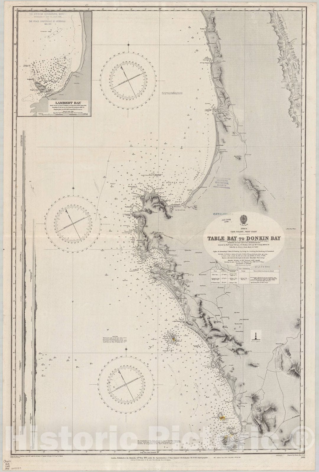 Map : Cape of Good Hope, South Africa 1914, Africa, Cape Colony, west coast, Table Bay to Donkin Bay , Antique Vintage Reproduction