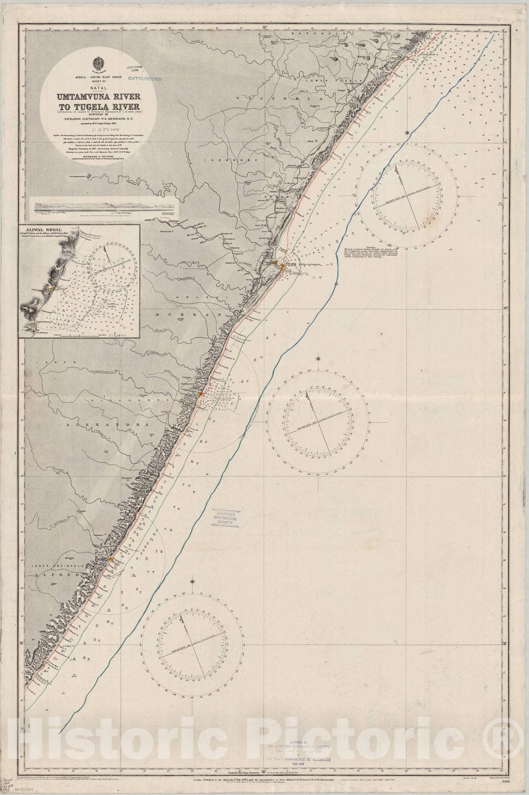 Map : Africa, south east coast 1913, Africa, south east coast, sheet VII, Natal, Umtamvuna River to Tugela River, Antique Vintage Reproduction