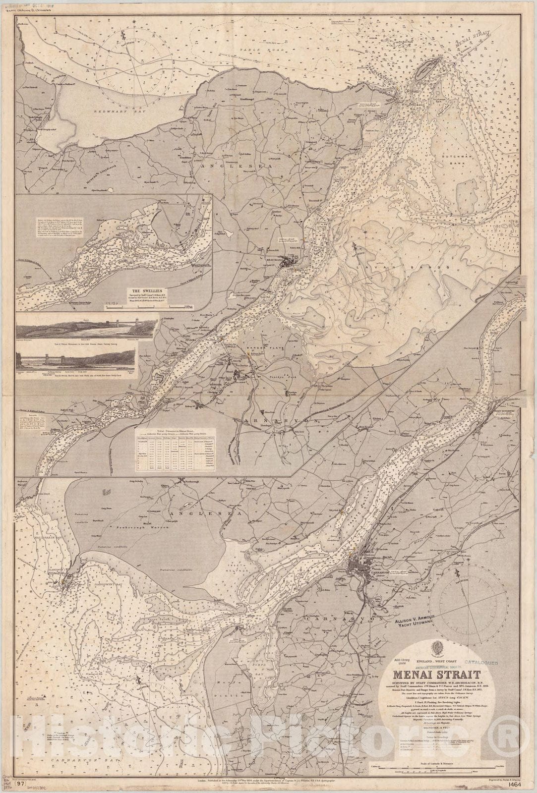 Map : Menai Strait, Wales 1896, England, west coast, Menai Strait , Antique Vintage Reproduction