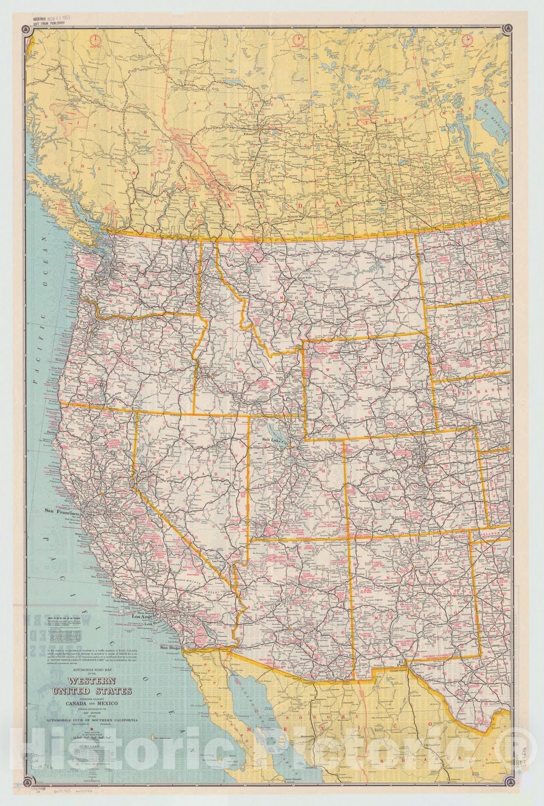 Map : United States 1951, Automobile road map of the western United States including adjacent Canada and Mexico , Antique Vintage Reproduction