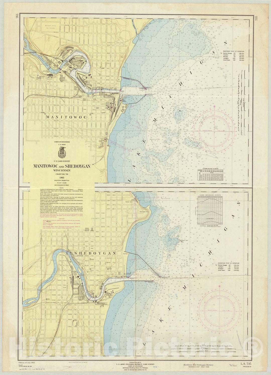 Map : Manitowoc and Sheboygan, Wisconsin 1963 1, U.S. Lake Survey Manitowoc and Sheboygan, Wisconsin chart no. 735 , Antique Vintage Reproduction