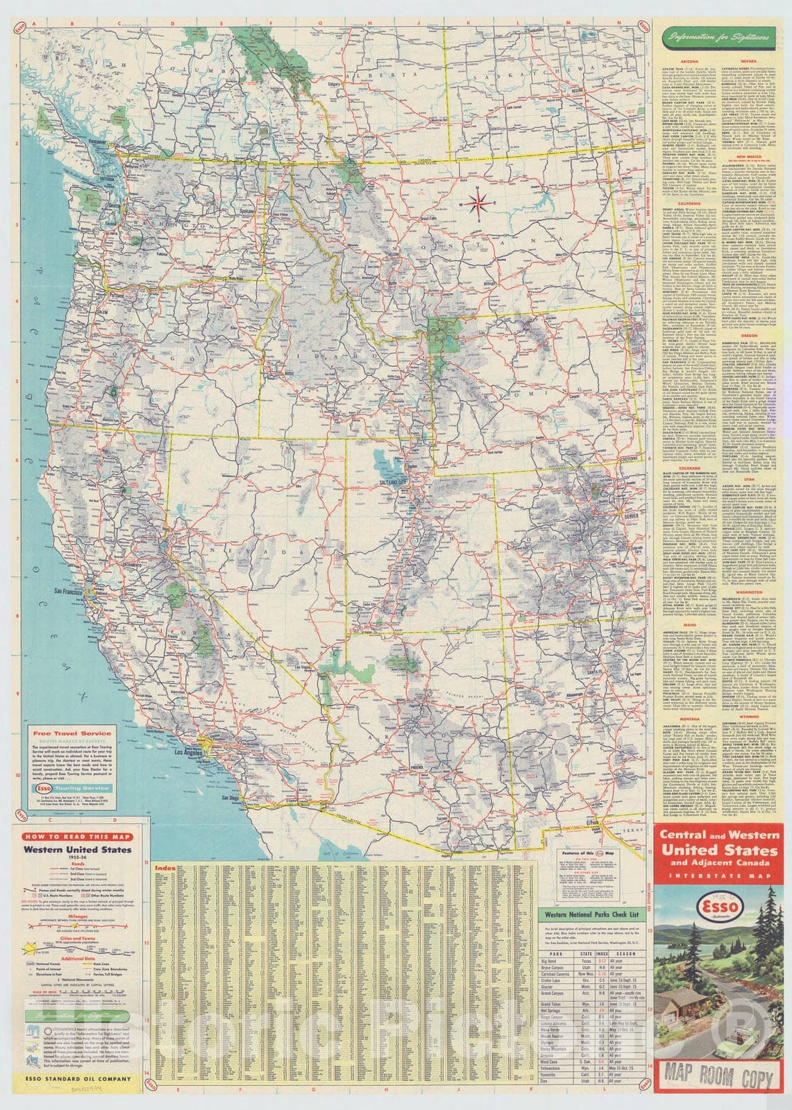 Map : United States 1955 1, Central and western United States and adjacent Canada interstate map , Antique Vintage Reproduction