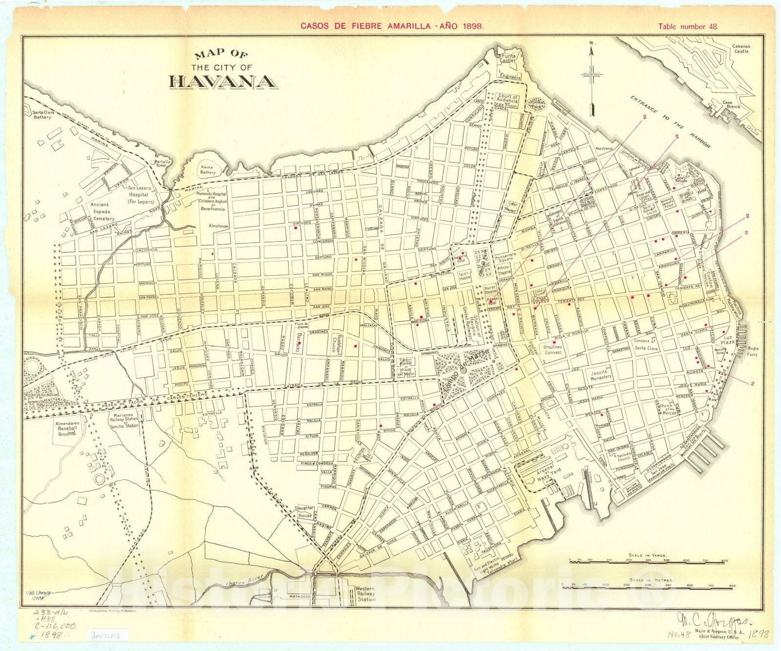 Map : Havana, Cuba 1898, Map of the city of Havana : Casos de fiebre amarilla, ano 1898 , Antique Vintage Reproduction