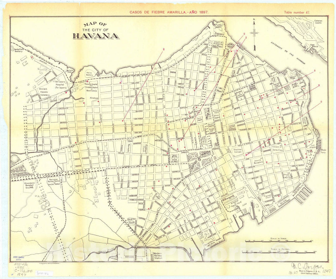 Map : Havana, Cuba 1897, Map of the city of Havana : Casos de fiebre amarilla, ano 1897 , Antique Vintage Reproduction