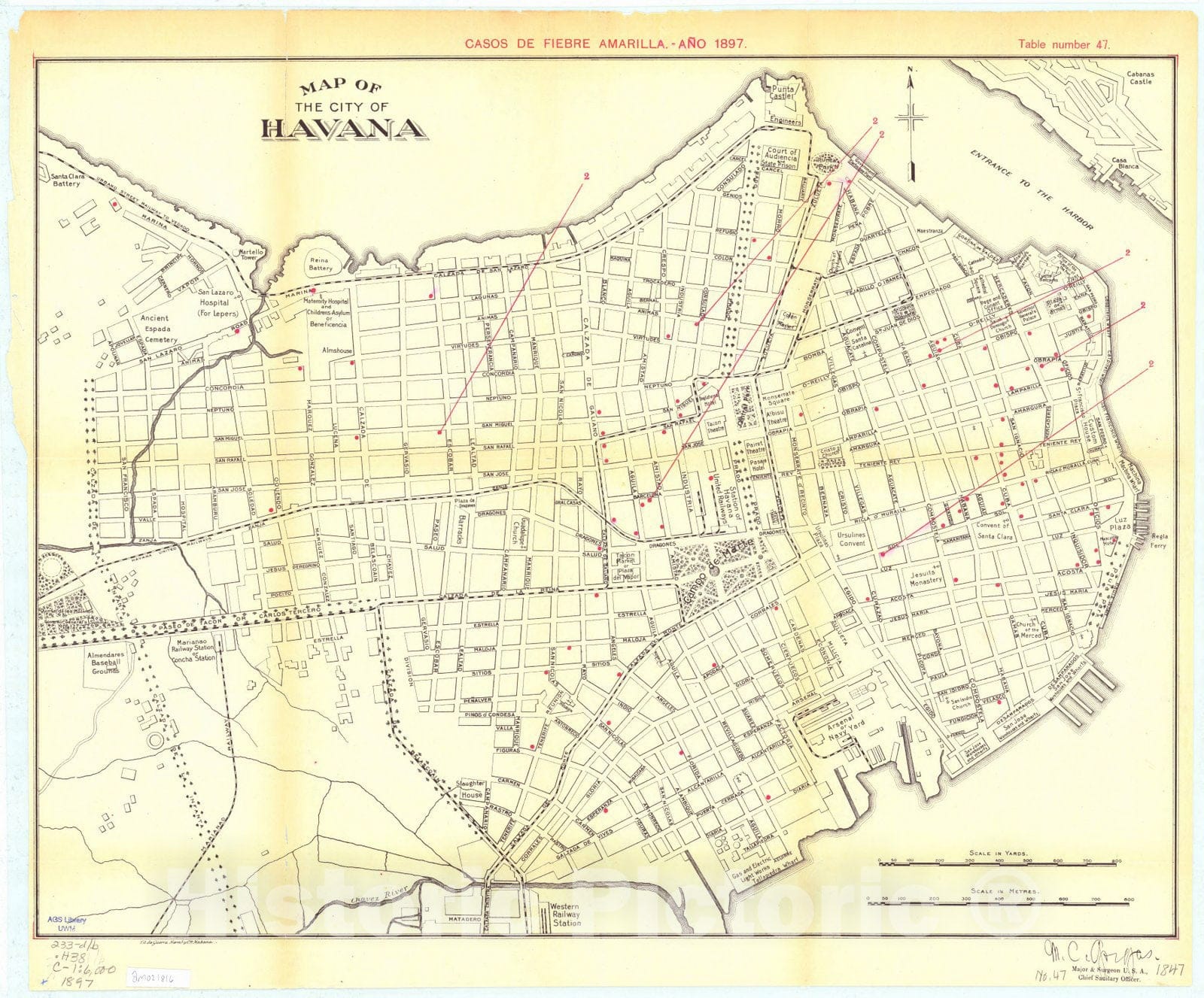 Map : Havana, Cuba 1897, Map of the city of Havana : Casos de fiebre amarilla, ano 1897 , Antique Vintage Reproduction