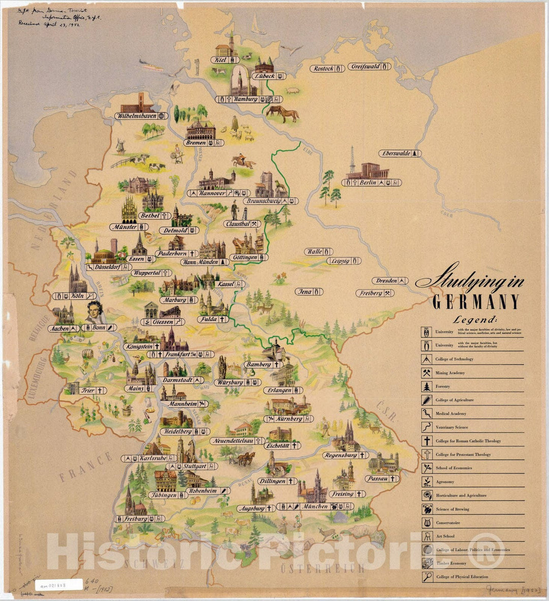 Map : Germany 1950, Studying in Germany , Antique Vintage Reproduction