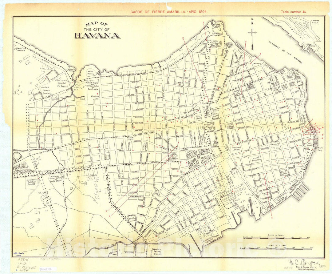 Map : Havana, Cuba 1894, Map of the city of Havana : Casos de fiebre amarilla, ano 1894 , Antique Vintage Reproduction