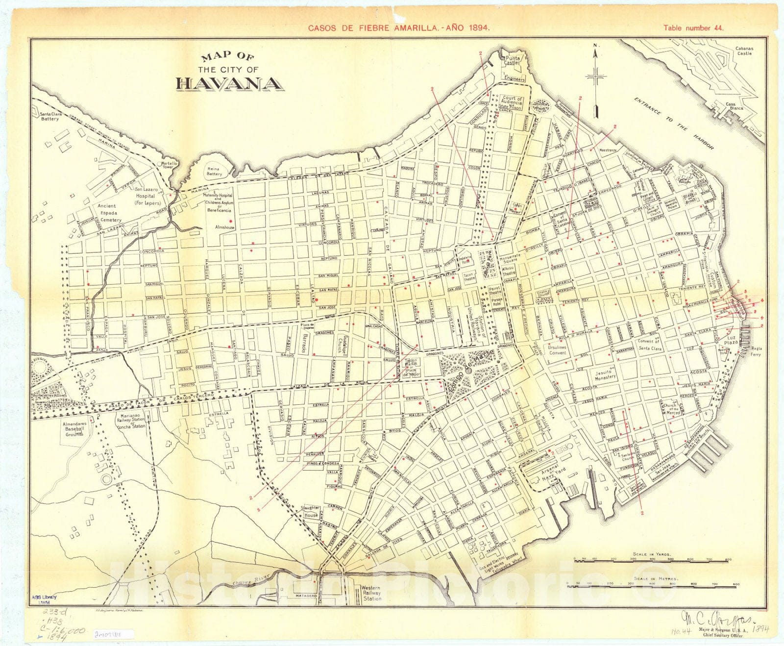 Map : Havana, Cuba 1894, Map of the city of Havana : Casos de fiebre amarilla, ano 1894 , Antique Vintage Reproduction