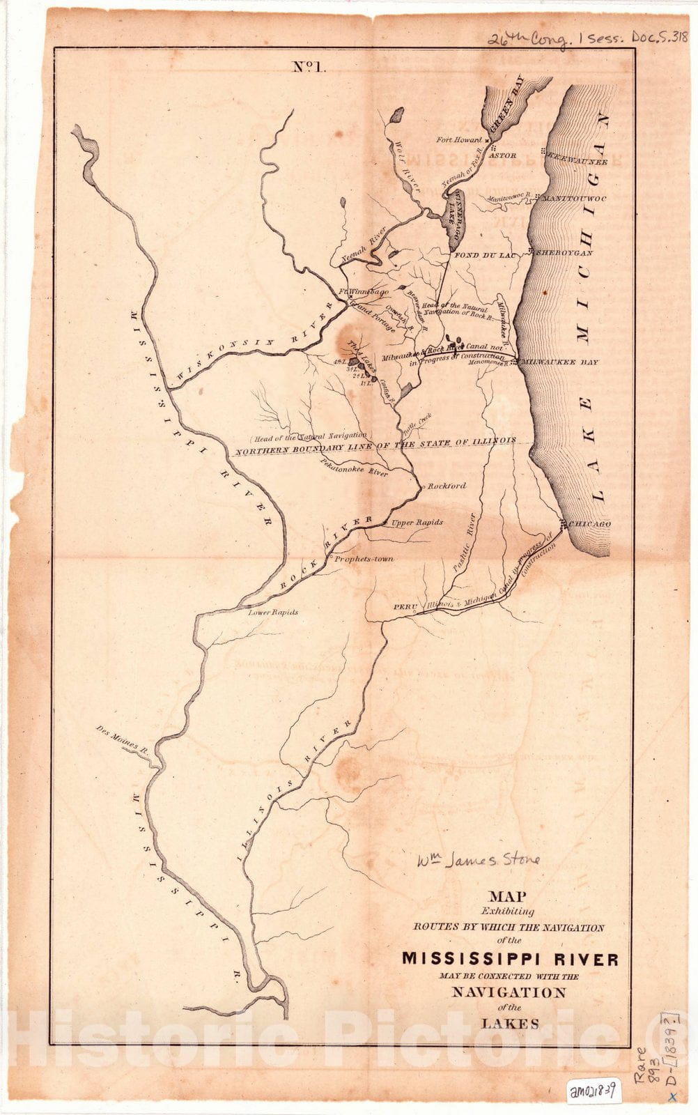 Map : Wisconsin River, Wisconsin 1839, Map exhibiting routes by which the navigation of the Mississippi River may be connected with the navigation of the lakes