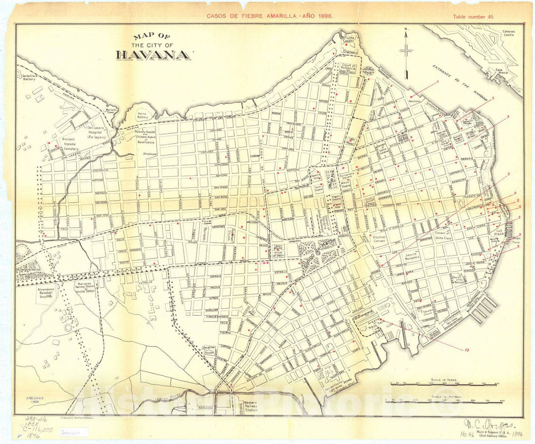 Map : Havana, Cuba 1899, Map of the city of Havana : Casos de fiebre amarilla, ano 1896 , Antique Vintage Reproduction