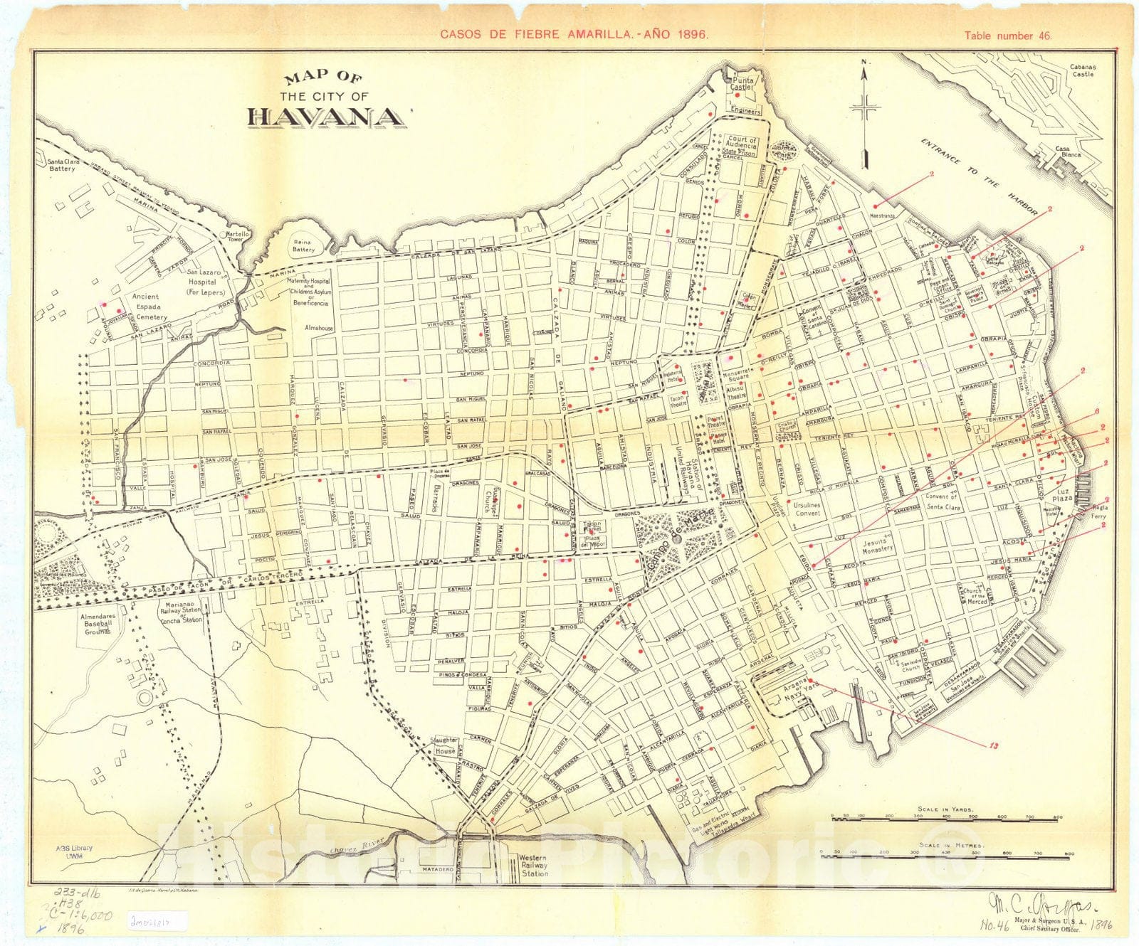 Map : Havana, Cuba 1899, Map of the city of Havana : Casos de fiebre amarilla, ano 1896 , Antique Vintage Reproduction