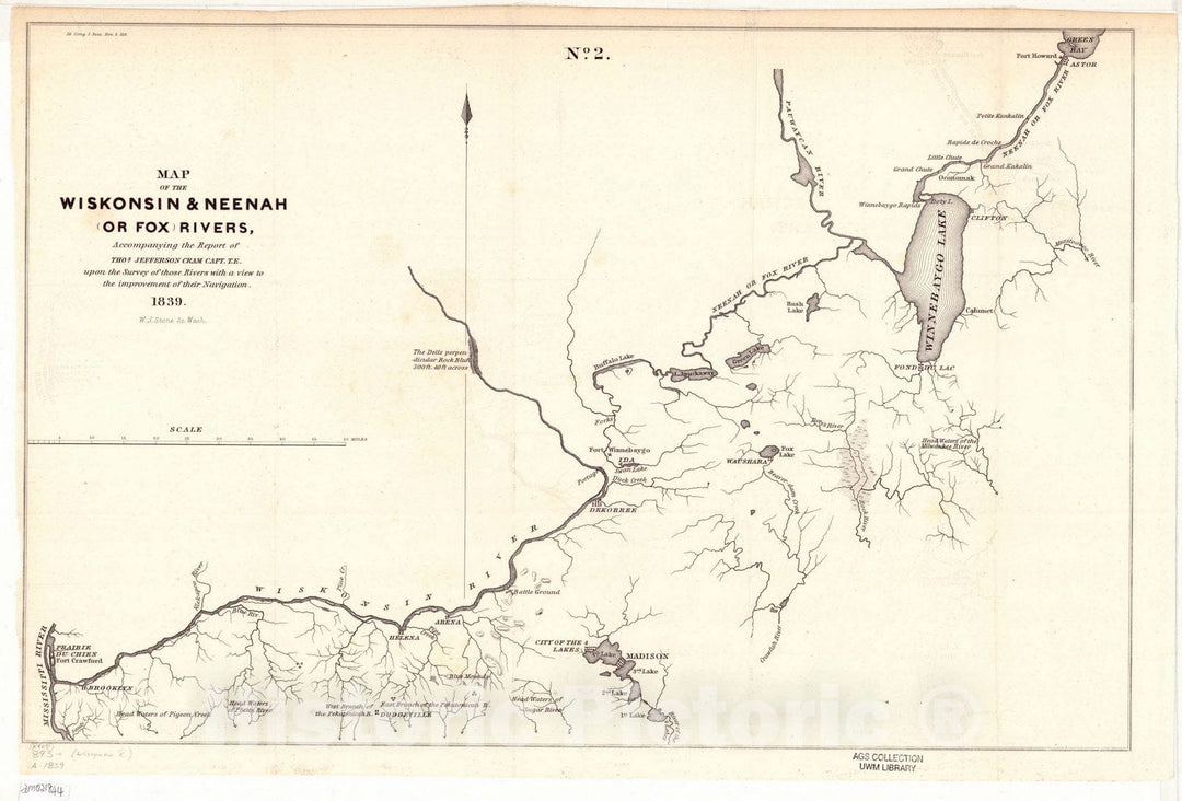 Map : Fox River, Wisconsin 1839, Antique Vintage Reproduction