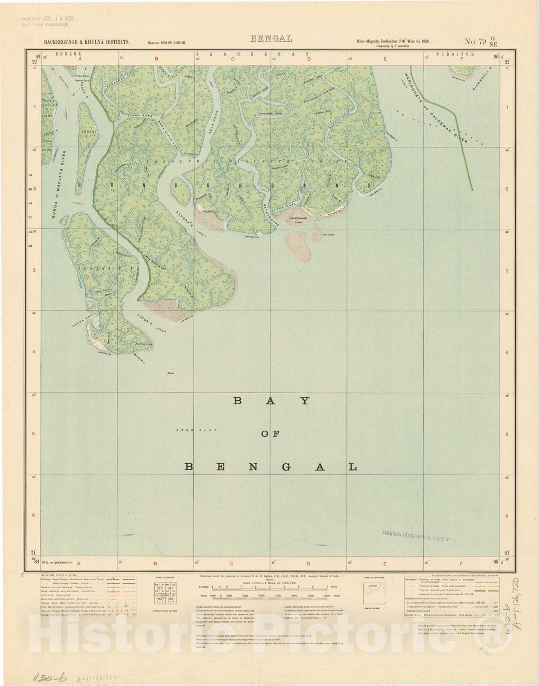 Map : Backergunge & Khulna Districts, Bengal, No 79 G/N.E. 1924, India and adjacent countries, Antique Vintage Reproduction