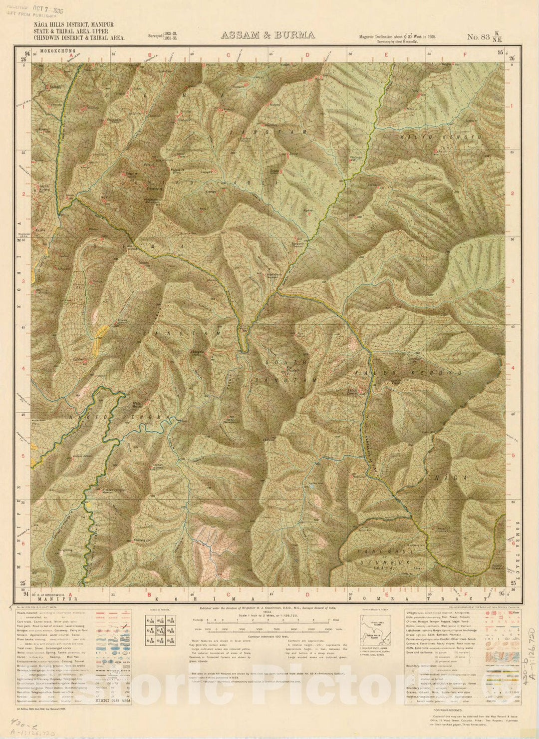 Map : Naga Hills District, Manipur State &Tribal area, Upper Chindwin District & Tribal area, Assam & Burma, No. 83 K/N.E. 1934, India and adjacent countries