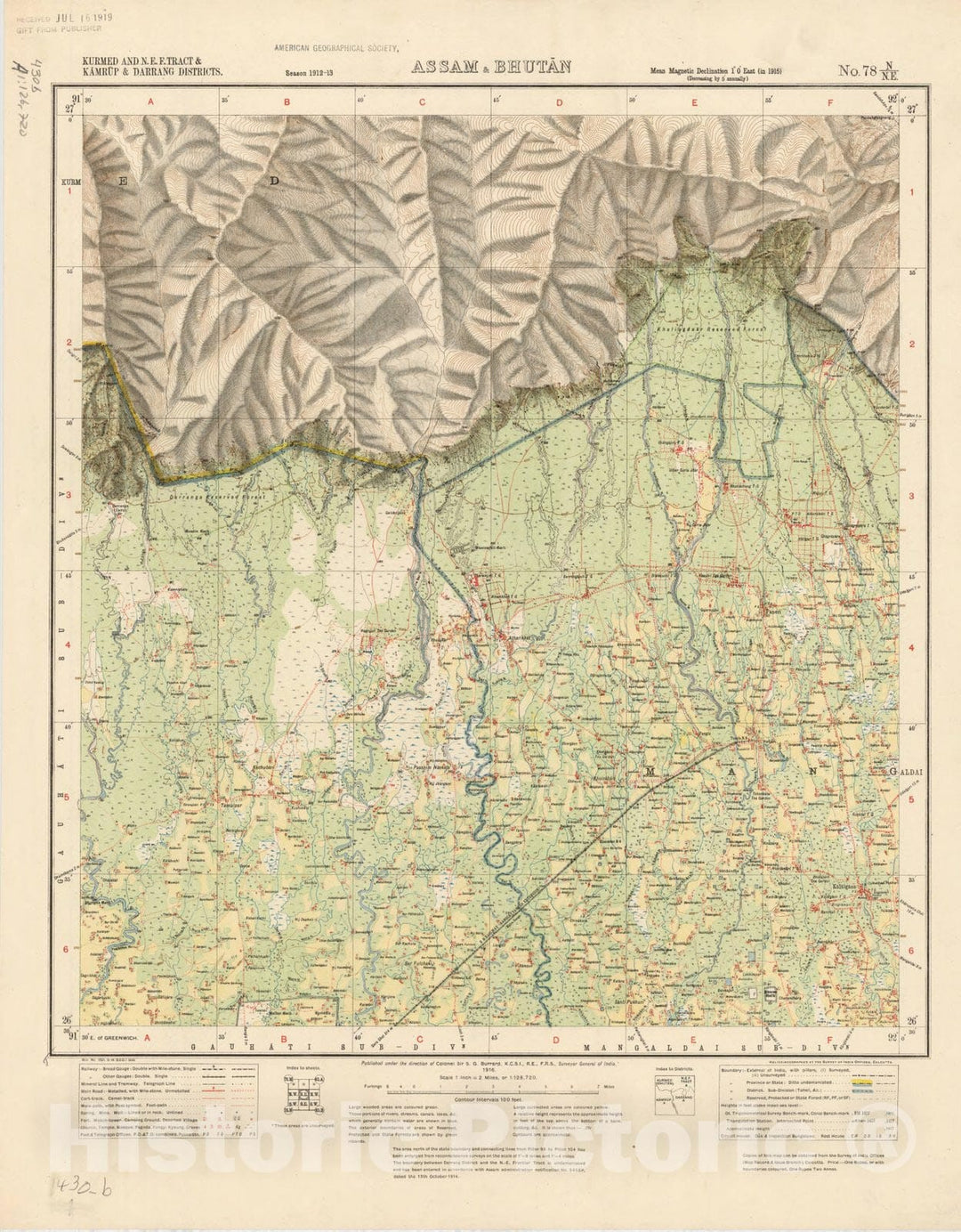 Map : Kurmed and N.E. F. Tract & Kamrup & Darrang Districts, Assam & Bhutan, No. 78 N/N.E. 1916, India and adjacent countries, Antique Vintage Reproduction