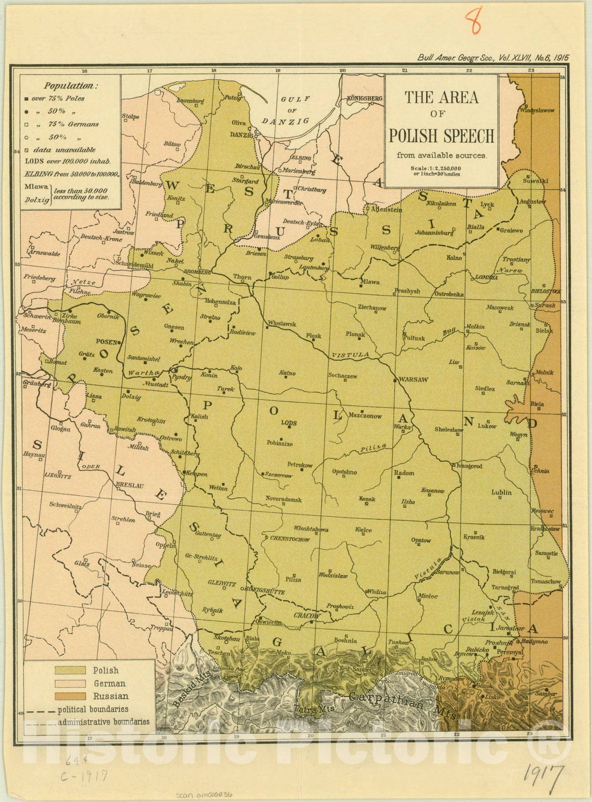 Map : Poland 1915, The area of Polish speech from available sources, Antique Vintage Reproduction