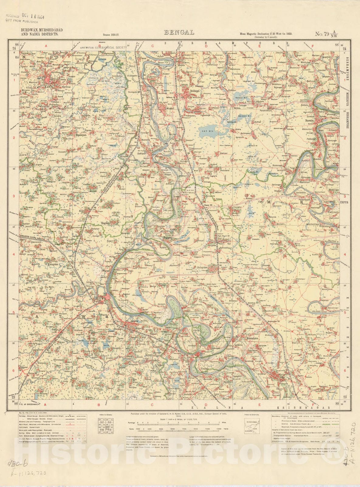 Map : Burdwan, Murshidabad and Nadia Districts, Bengal, No. 79 A/N.W. 1922, India and adjacent countries, Antique Vintage Reproduction