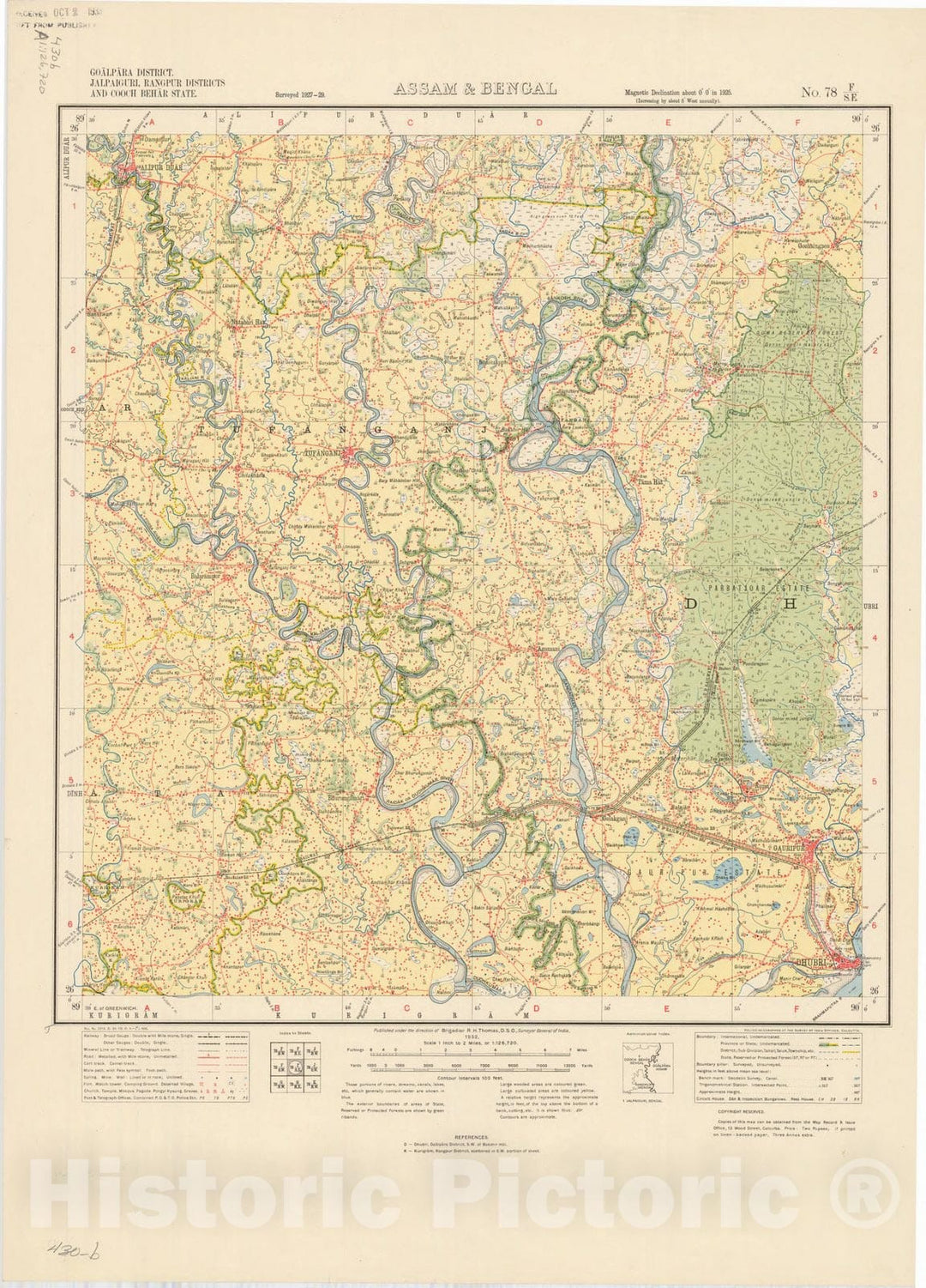 Historic Map : Goalpara District, Jalpaiguri, Rangpur Districts and Cooch Behar State, Assam & Bengal, No. 78 F/S.E. 1932, India and adjacent countries, Antique Vintage Reproduction