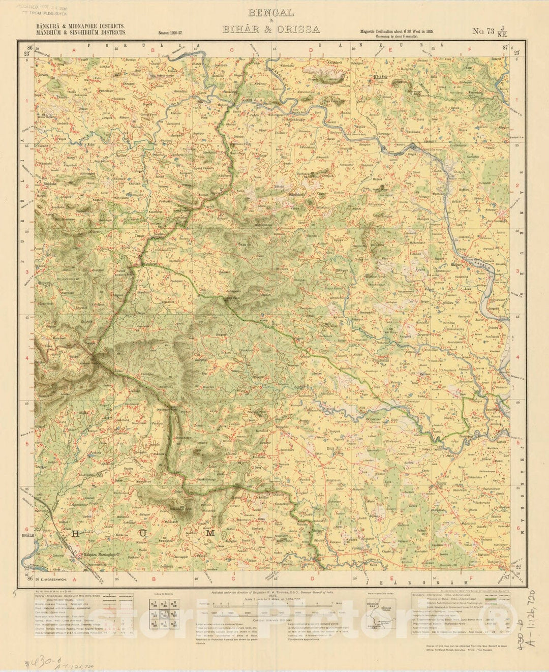 Historic Map : Bankura & Midnapore Districts, Manbhum & Singhbhum Districts, Bengal & Bihar & Orissa, No. 73 J/N.E. 1929, India and adjacent countries, Antique Vintage Reproduction