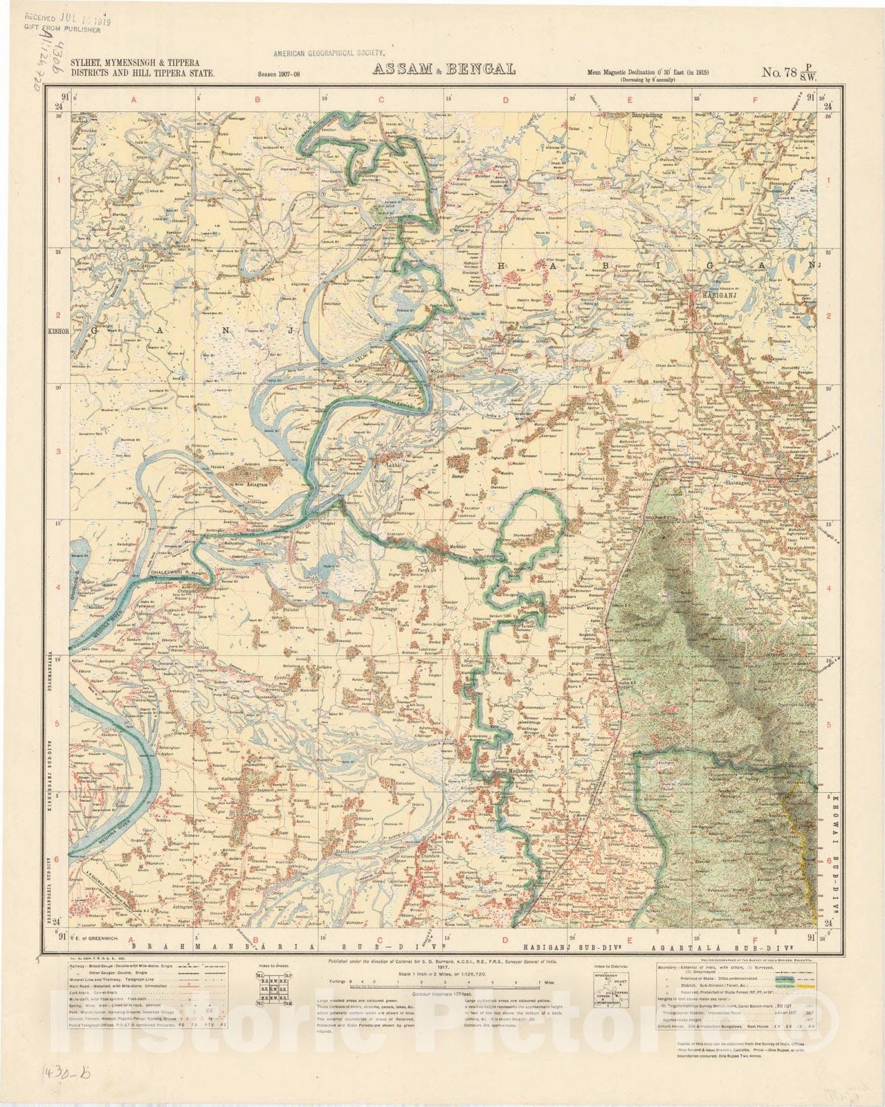 Map : Sylhet, Mymensingh & Tippera Districts and Hill Tippera State, Assam & Bengal, No. 78 P/S.W. 1917, India and adjacent countries, Antique Vintage Reproduction