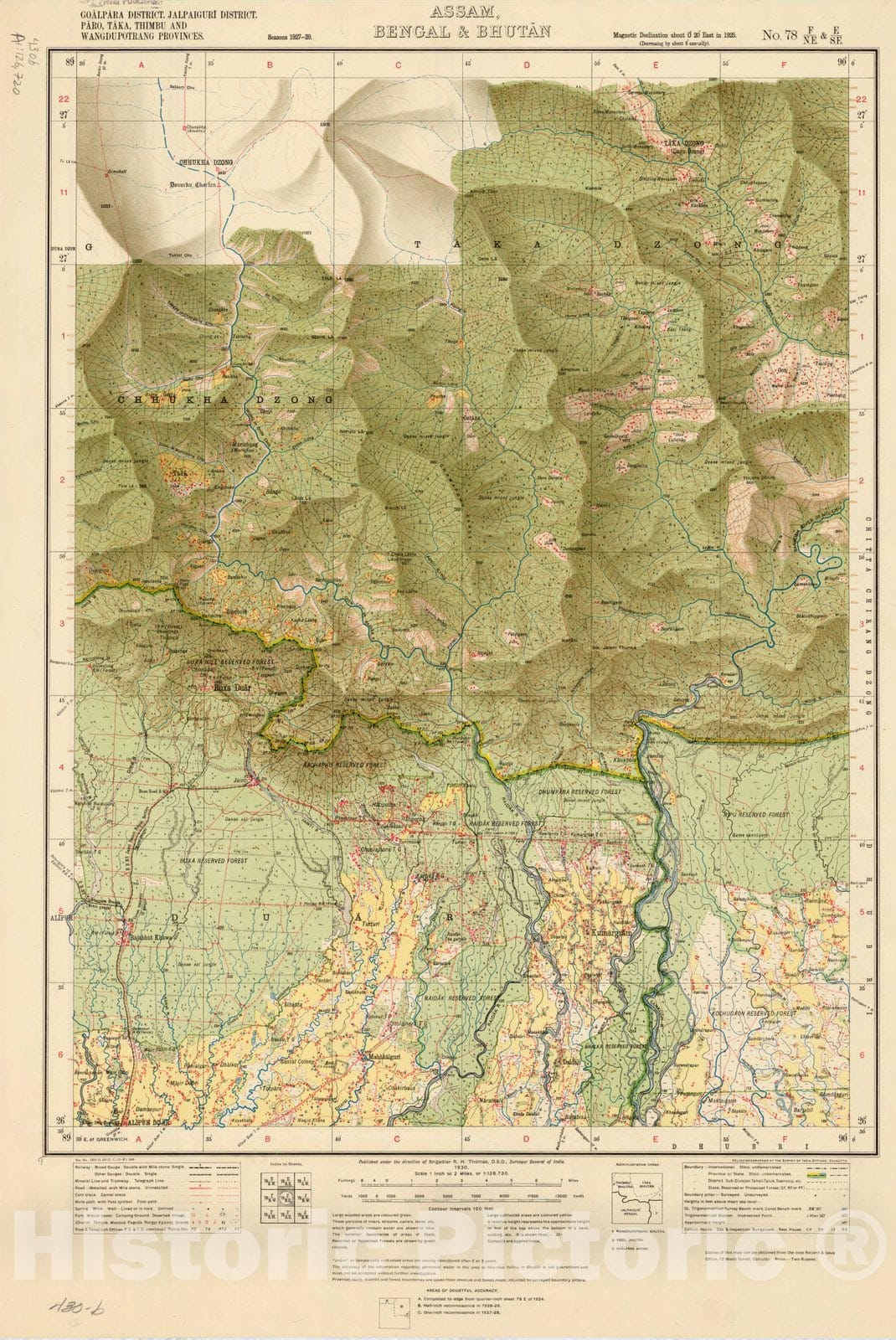 Map : Goalpara District, Jalpaiguri District, Paro, Taka, Thimbu and Wangdupotrang Provinces, Assam, Bengal & Bhutan, 1930, India and adjacent countries