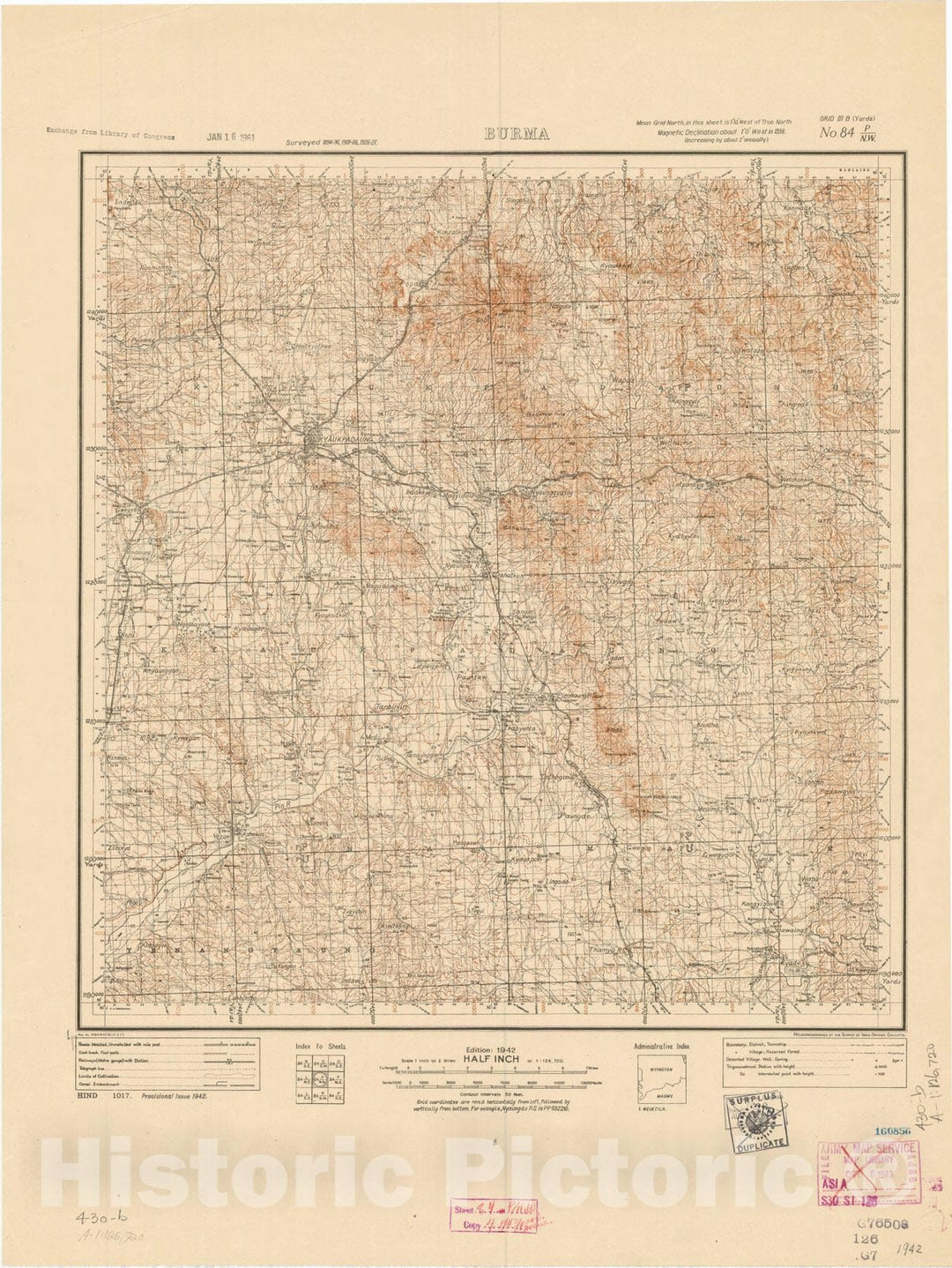 Map : Burma, No. 84 P/N.W. 1942, India and adjacent countries, Antique Vintage Reproduction