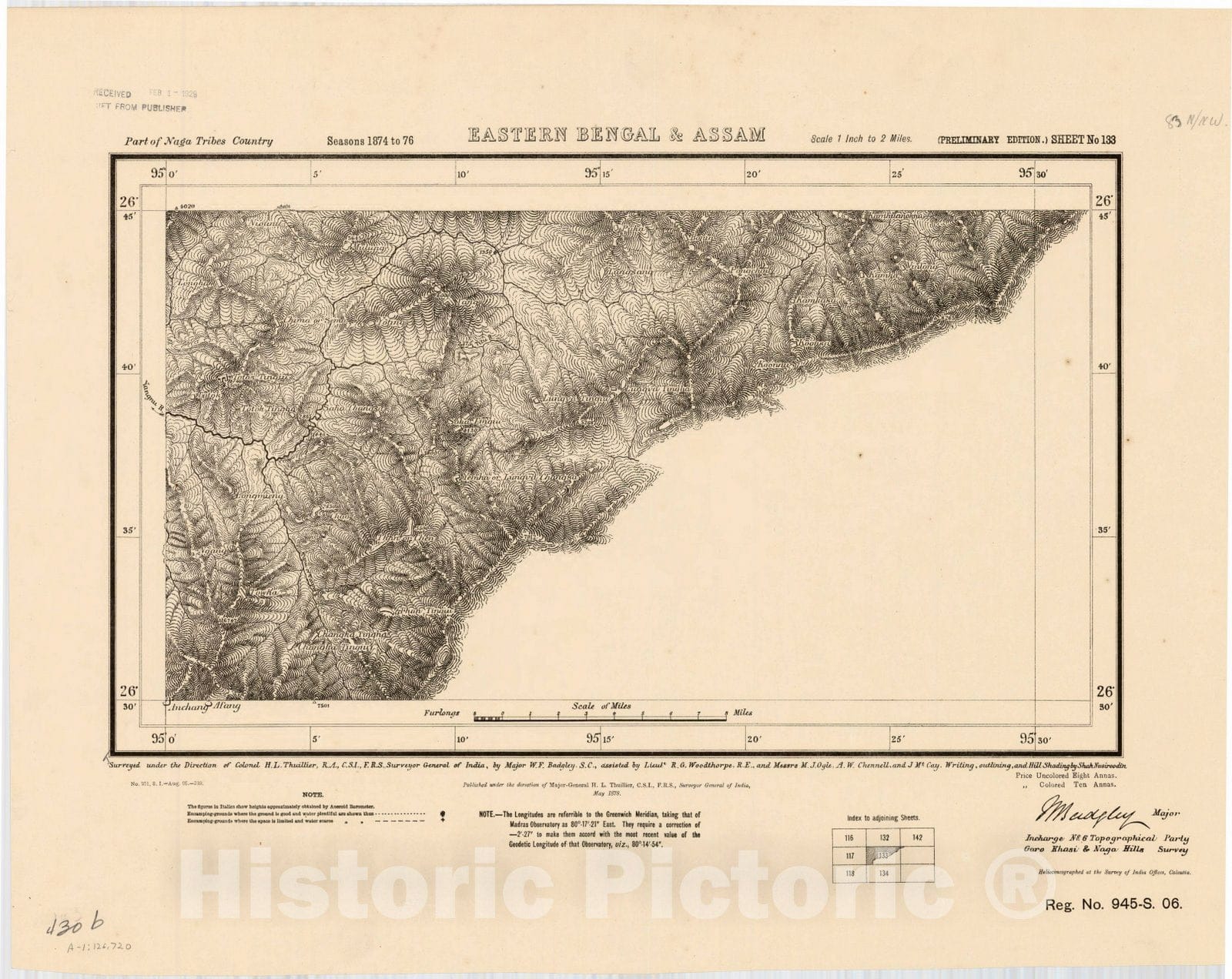 Map : Part of Naga Tribes country, eastern Bengal & Assam, sheet no. 133 [83 N/N.W.] 1906, India and adjacent countries, Antique Vintage Reproduction