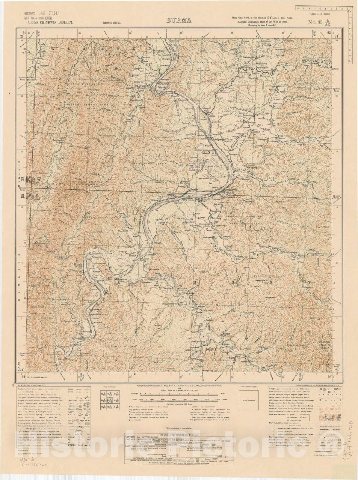 Map : Upper Chindwin District, Burma, No. 83 L/S.E. 1934 2, India and adjacent countries, Antique Vintage Reproduction