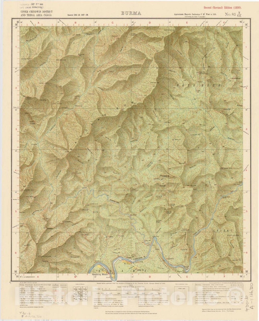 Map : Upper Chindwin District and Tribal area (Naga), Burma No. 83 N/S.E. 1930, India and adjacent countries, Antique Vintage Reproduction